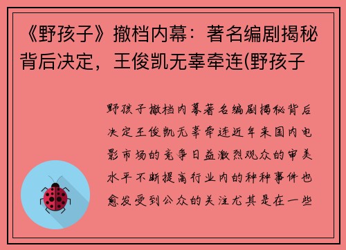 《野孩子》撤档内幕：著名编剧揭秘背后决定，王俊凯无辜牵连(野孩子 剧照)
