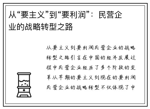 从“要主义”到“要利润”：民营企业的战略转型之路