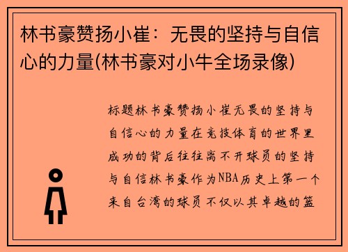 林书豪赞扬小崔：无畏的坚持与自信心的力量(林书豪对小牛全场录像)
