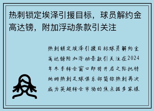 热刺锁定埃泽引援目标，球员解约金高达镑，附加浮动条款引关注