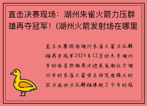 直击决赛现场：湖州朱雀火箭力压群雄再夺冠军！(湖州火箭发射场在哪里)