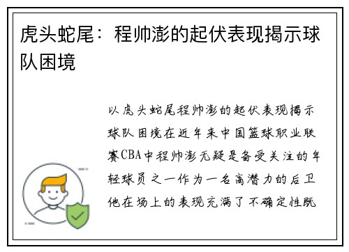 虎头蛇尾：程帅澎的起伏表现揭示球队困境