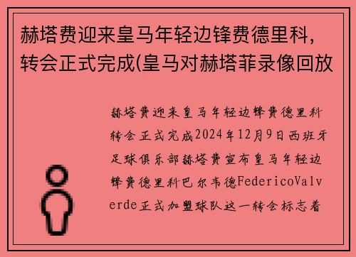 赫塔费迎来皇马年轻边锋费德里科，转会正式完成(皇马对赫塔菲录像回放)