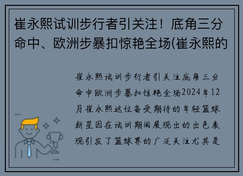 崔永熙试训步行者引关注！底角三分命中、欧洲步暴扣惊艳全场(崔永熙的比赛视频)