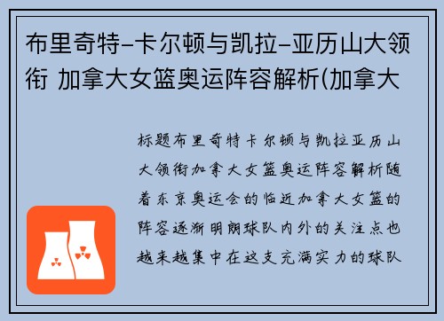 布里奇特-卡尔顿与凯拉-亚历山大领衔 加拿大女篮奥运阵容解析(加拿大女篮奥运会)